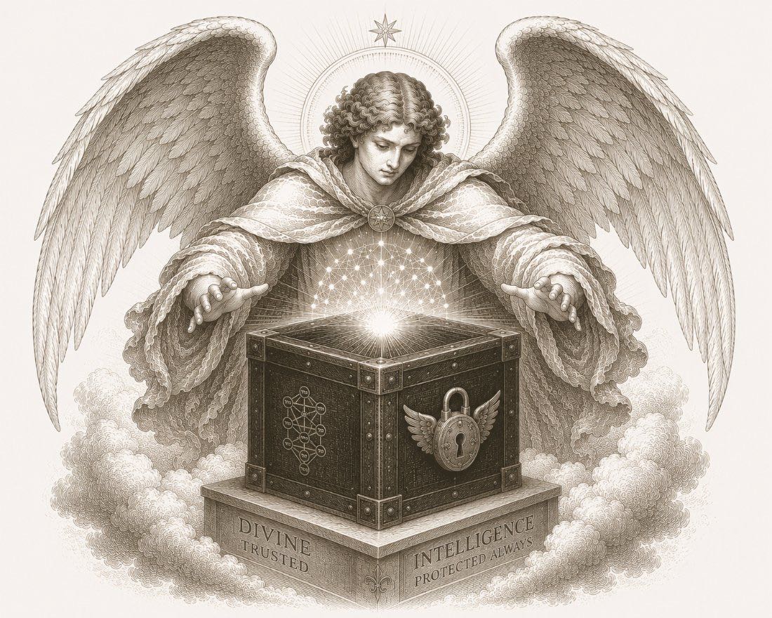 A guardian angel sheltering a sealed box of intelligence