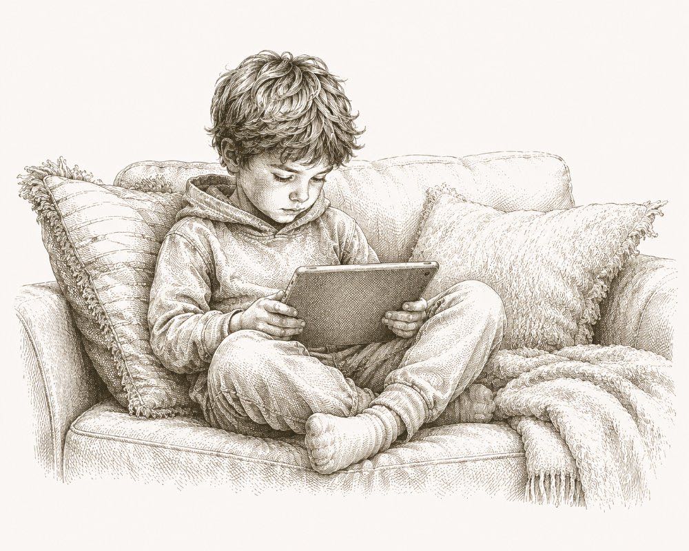 A child absorbed in a screen, lit by its glow